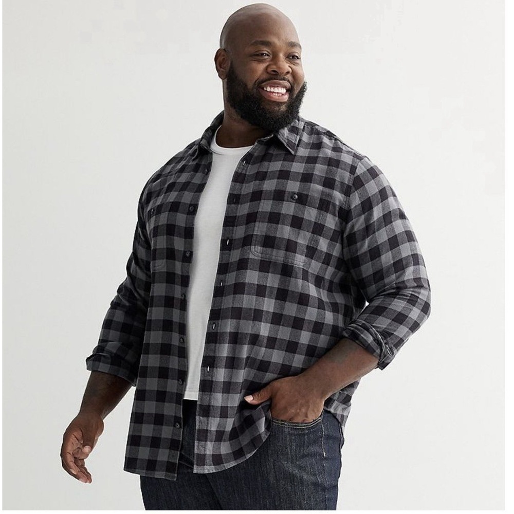 NWT Sonoma Supersoft Flannel Shirt Men XXL Tall Gray Black Plaid Big & Tall NEW